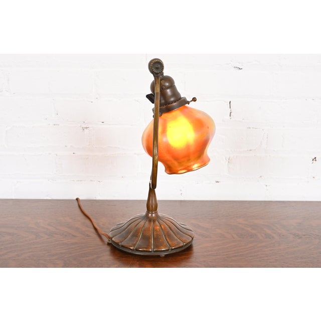 Early 20th Century Tiffany Studios New York Bronze Harp Favrile Iridescent Art Glass Desk Lamp For Sale - Image 5 of 12