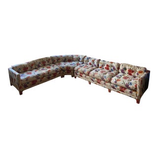 Mid-Century Modern W J Sloane Spring Floral Poppy Iris & Daffodil Curved 3-Piece Sofa Sectional For Sale