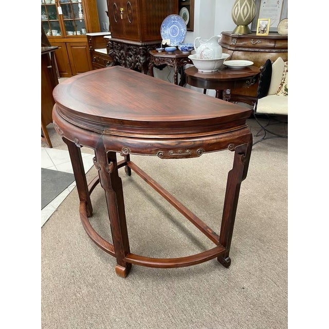 American Vintage Solid Rosewood Semicircle Console Table, Half Round, Carved Edges For Sale - Image 3 of 7
