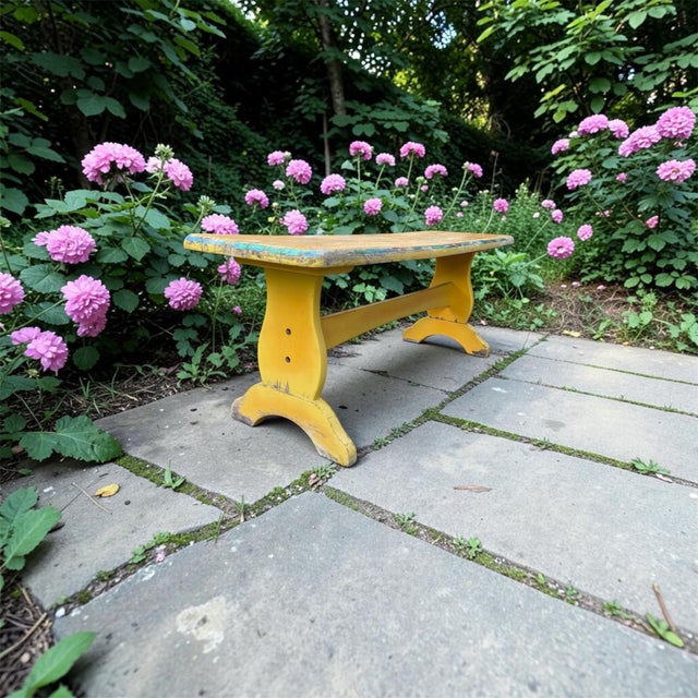 1950s Vintage Trestle-Style Country Farmhouse Bench Storied Patina For Sale - Image 5 of 12