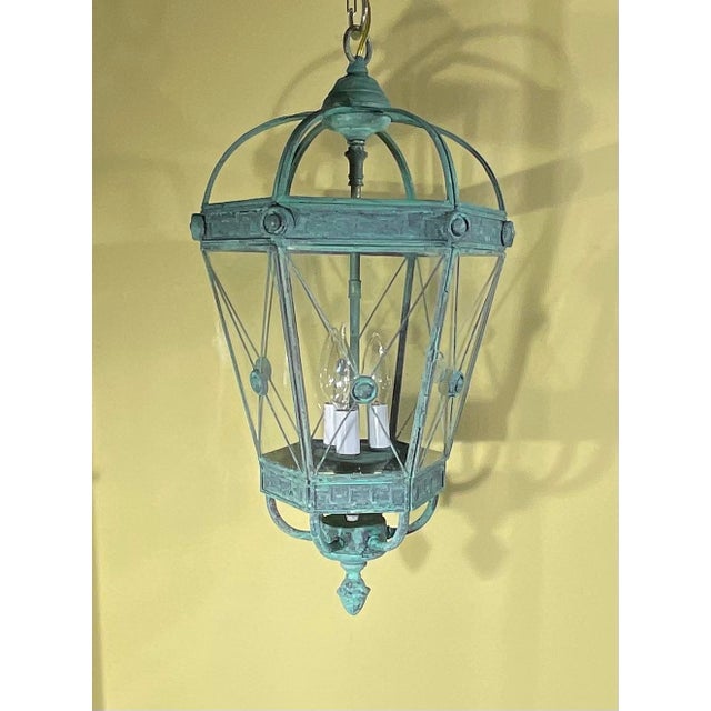 Vintage Style Solid Brass Verdigris Hanging Lantern - Restored & Rewired / 23”h For Sale - Image 10 of 18