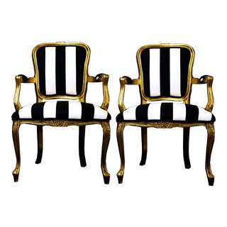 Vintage Louis XV Style Gold Black and White Stripe Chairs - a Pair For Sale