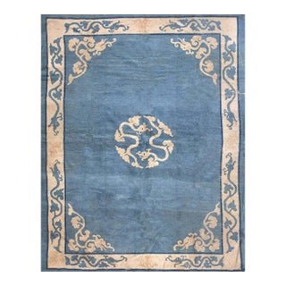 1890s Light Blue Field Antique Chinese Dragon Medallion Peking Room Size Rug For Sale