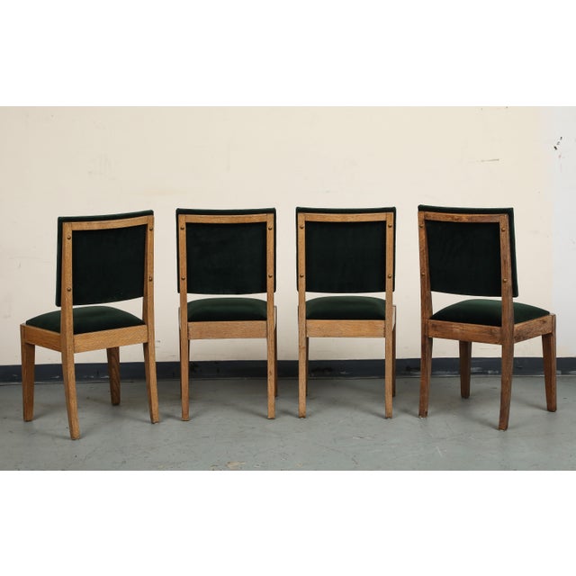 Set of Eight French Oak Dining Chairs in Forest Green Cotton Velvet, C. 1945 For Sale - Image 10 of 18