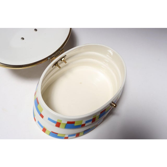 German Art Deco Ceramic and Brass Biscuit Tin With Geometric Motif For Sale - Image 11 of 18