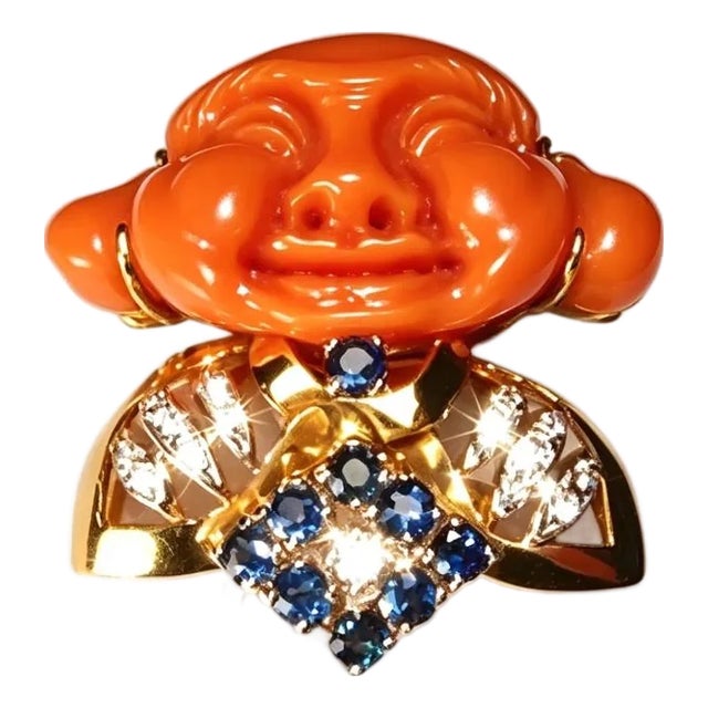 1960s 18K Yellow Gold Carved Red Coral Buddha Diamond Sapphire Pendant Pin For Sale