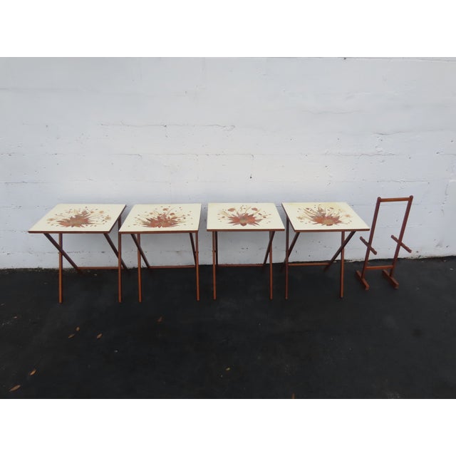 Mid-Century Modern Scheibe Mid Century Folding Wooden Tv Trays Floral Top 4pc Set With Stand 6896 For Sale - Image 3 of 18
