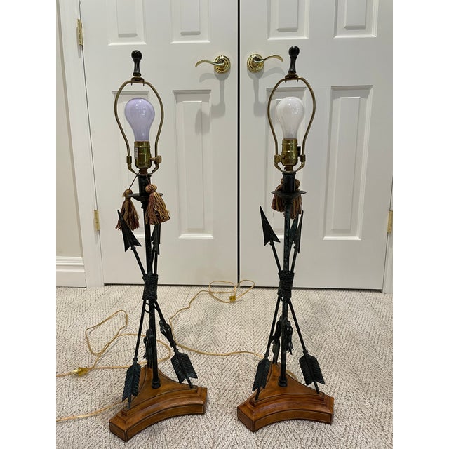 Maitland - Smith 1980s Maitland Smith Bronze Arrows Sculptural Table Lamps With Leather Shades - a Pair For Sale - Image 4 of 7
