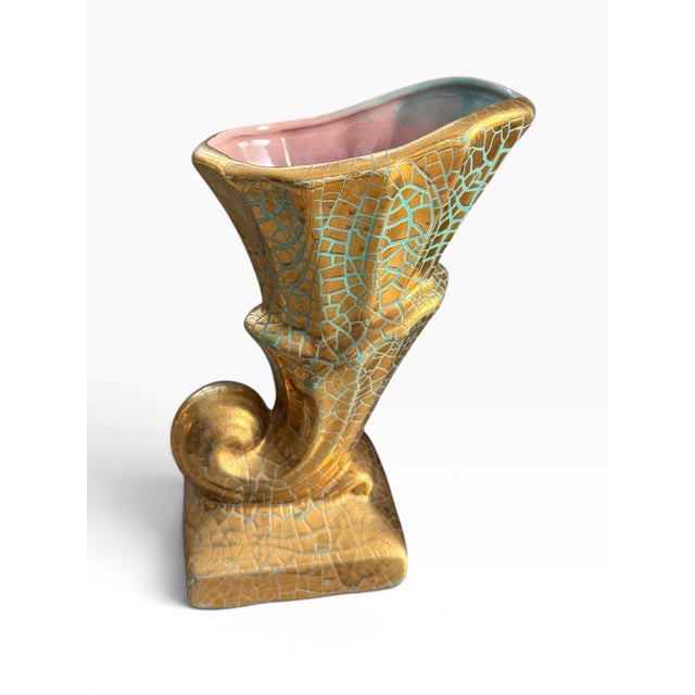 Mid 20th Century Vintage Gold & Turquoise Crackle Glaze Sculptural Ceramic Vase With Pink Interior For Sale - Image 5 of 7