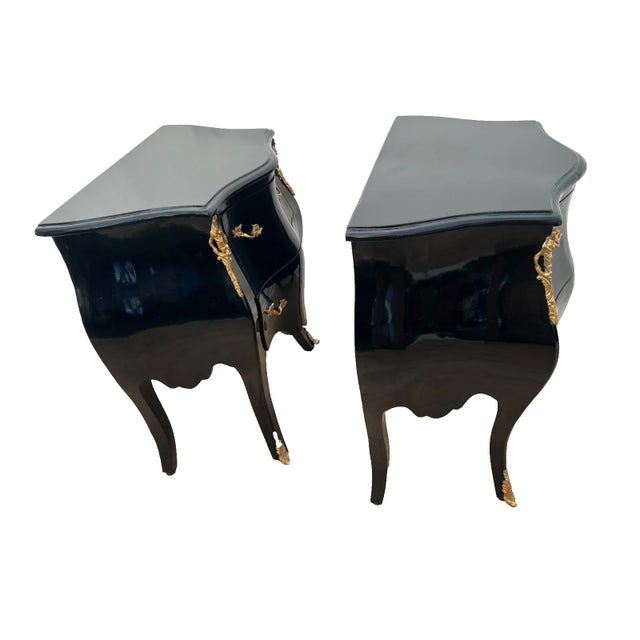 Vintage Pair French Nightstand Tables Two Drawers Black Lacquer Marble, Ormolu For Sale In Palm Springs - Image 6 of 12