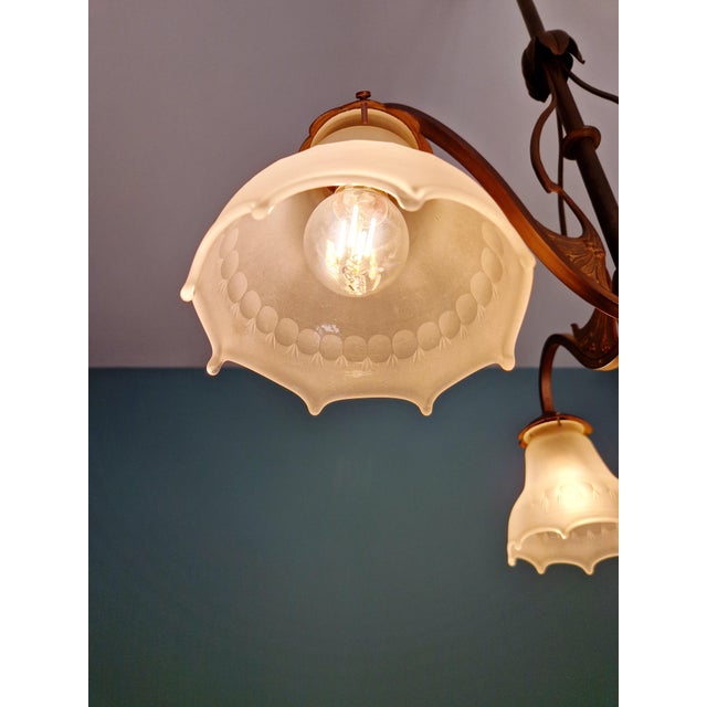Antique Art Nouveau Chandelier in Brass and Scalloped Frosted Glass, 1890s For Sale - Image 15 of 16