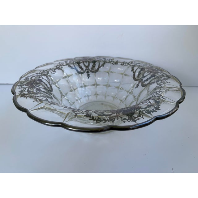 Transparent Mid-Century Silver Overlay Pressed Glass Centerpiece Bowl With Scalloped Rim For Sale - Image 8 of 11