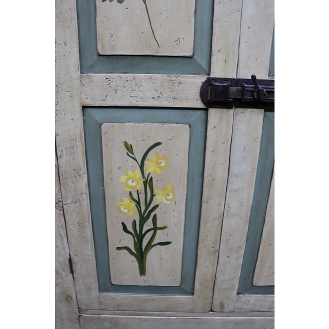 Primitive Painted Pine Linen Press With Floral Decoration For Sale - Image 10 of 16