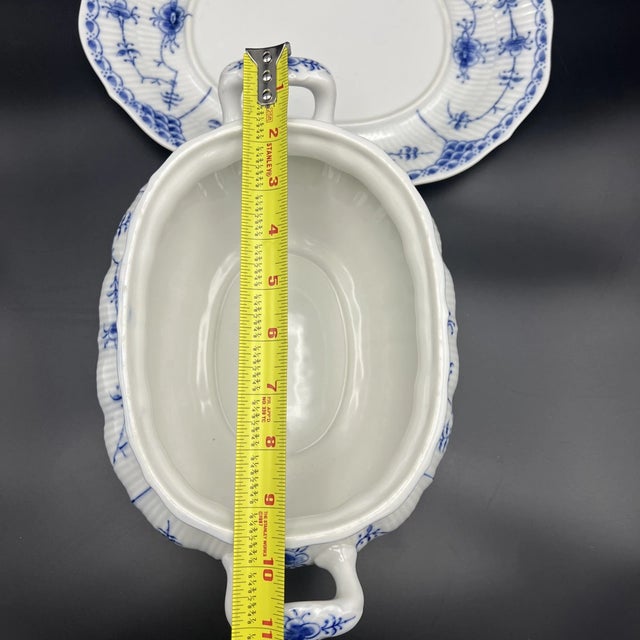 Vintage Mid-Century Modern Royal Copenhagen Blue Fjord Blue Fluted Oval Serving Bowl W Underplate For Sale In Phoenix - Image 6 of 9