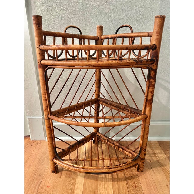 Brown Vintage Scorched or Tortoise Bamboo Chinoiserie 3 Tier Corner Shelf For Sale - Image 8 of 8