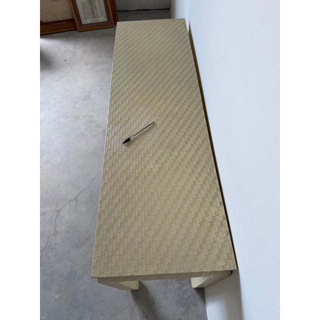 Wood Vintage Baker Furniture Asian Style Console Table With Ivory Raffia / Grasscloth Textured Finish For Sale - Image 7 of 12