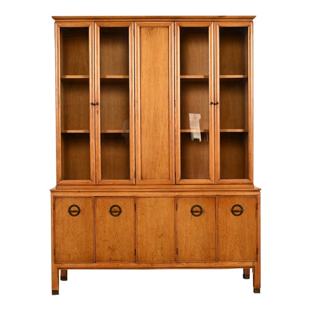 Century Furniture Mid-Century Modern Hollywood Regency Walnut Breakfront Bookcase Cabinet, Circa 1960s For Sale