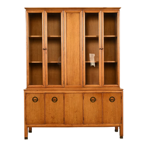 Century Furniture Mid-Century Modern Hollywood Regency Walnut Breakfront Bookcase Cabinet, Circa 1960s