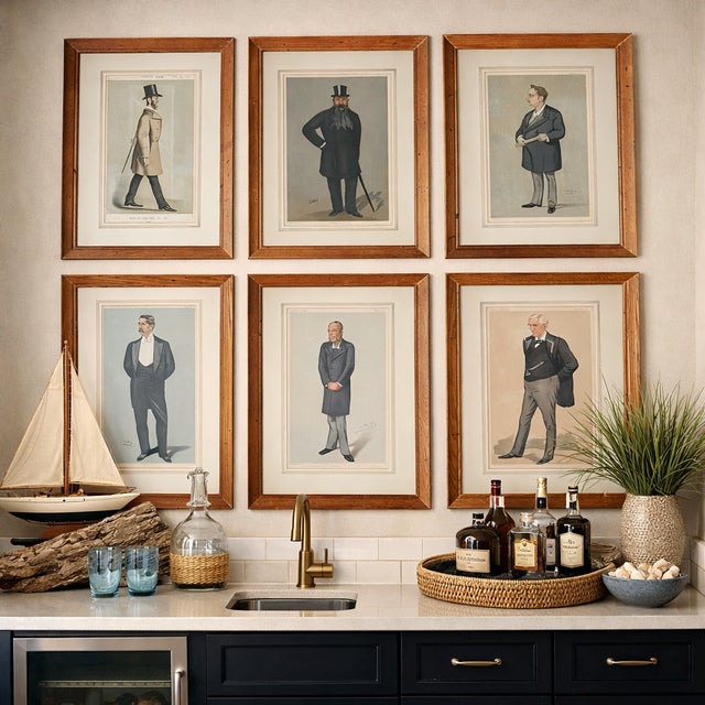 Set of 6 framed chromolithograph caricature portraits published by the British society weekly magazine Vanity Fair...