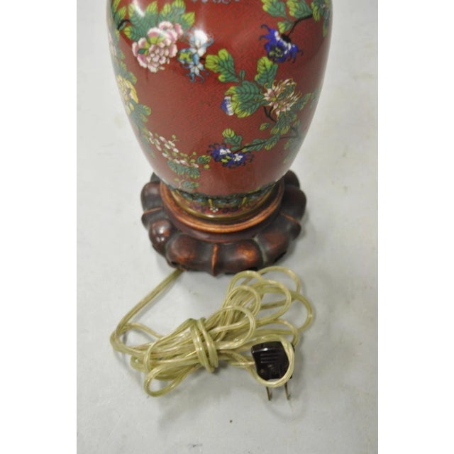 Vintage Chinese Porcelain Enamel Bronze Red Cloisonne Champleve Vase Table Lamp For Sale - Image 9 of 10