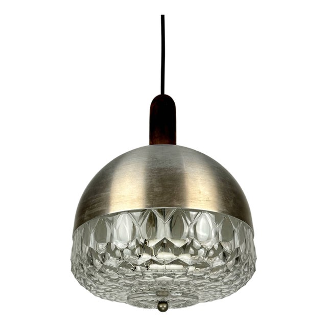 Mid-Century Modern Italian Pressed Glass Pendant Lamp in Brushed Metal and Wood from Stilux Milano, 1960s For Sale