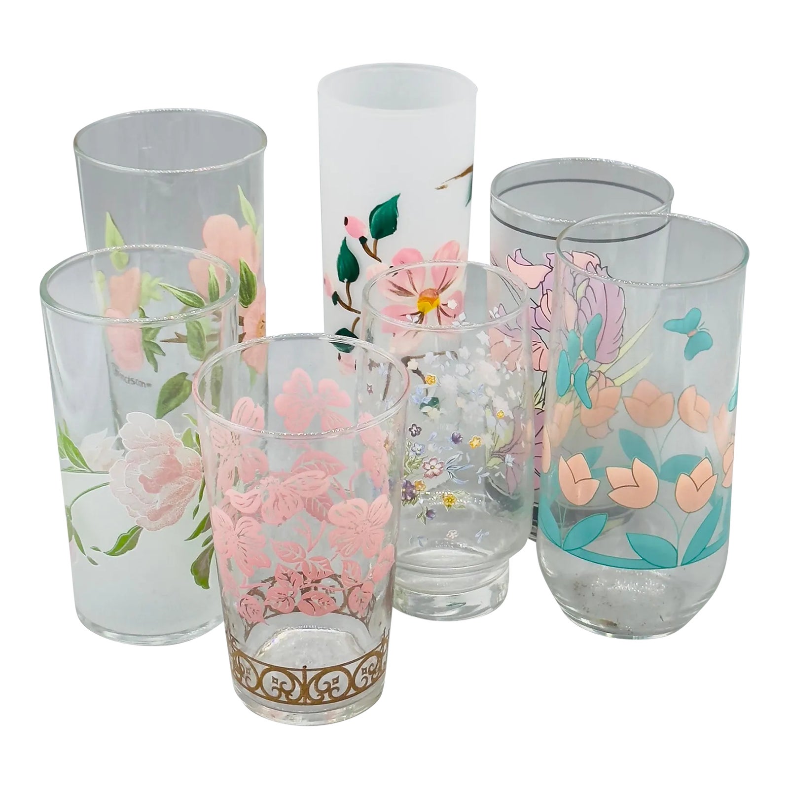 1980s Mismatched Set of 7 Pink Rose Tumblers | Chairish