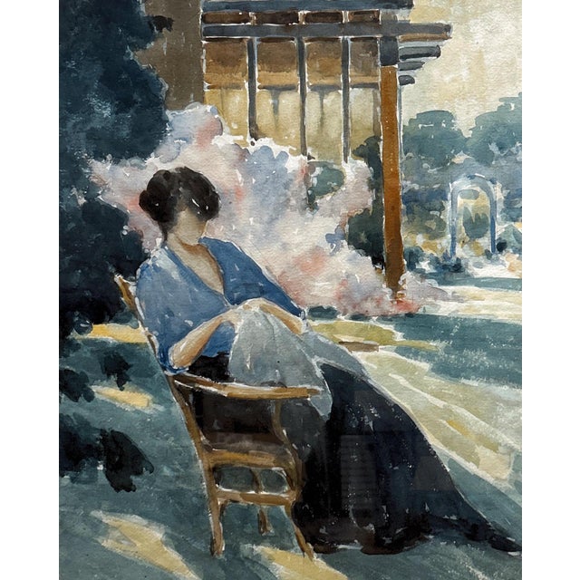 Original watercolor by Walter Farndon, featuring a seated woman in a sunlit garden. Soft impressionist brushwork,...
