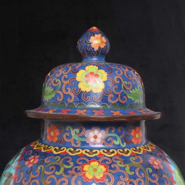 Large Pair of Chinese Cloisonné Enamel Mandarin Duck & Lotus Jars With Lids - 19" Tall For Sale In Los Angeles - Image 6 of 9