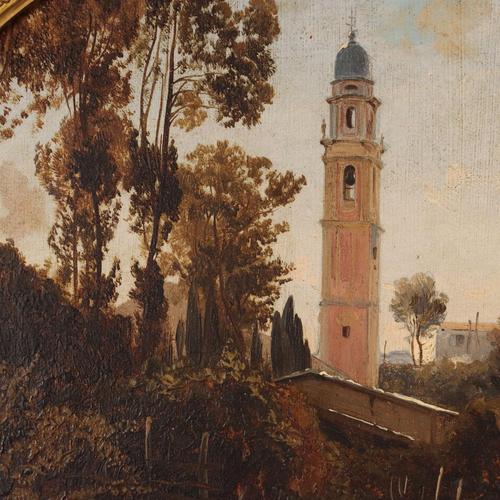 View of the Countryside with a Bell Tower, Oil on Canvas For Sale - Image 5 of 9