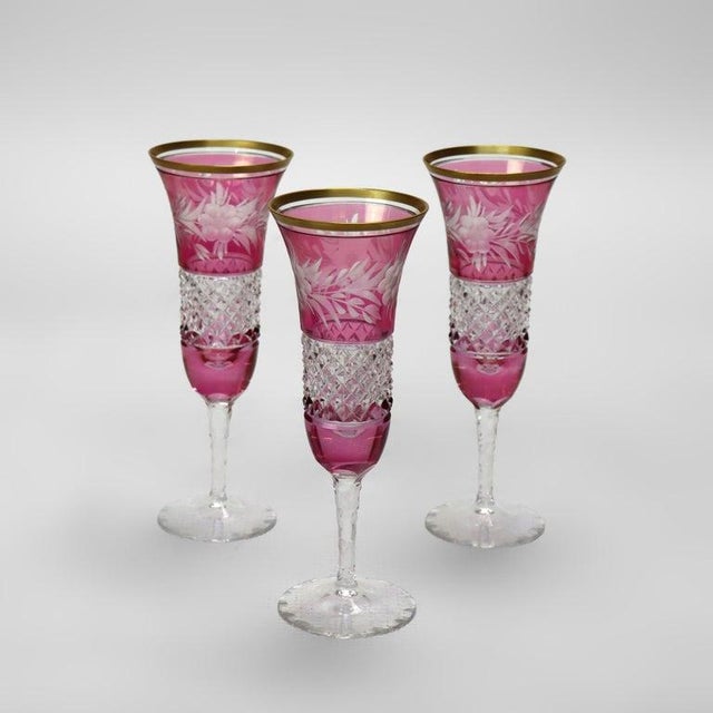 Three Antique Bohemian Rose Floral Cut to Clear Crystal Champagne Flutes For Sale - Image 4 of 6