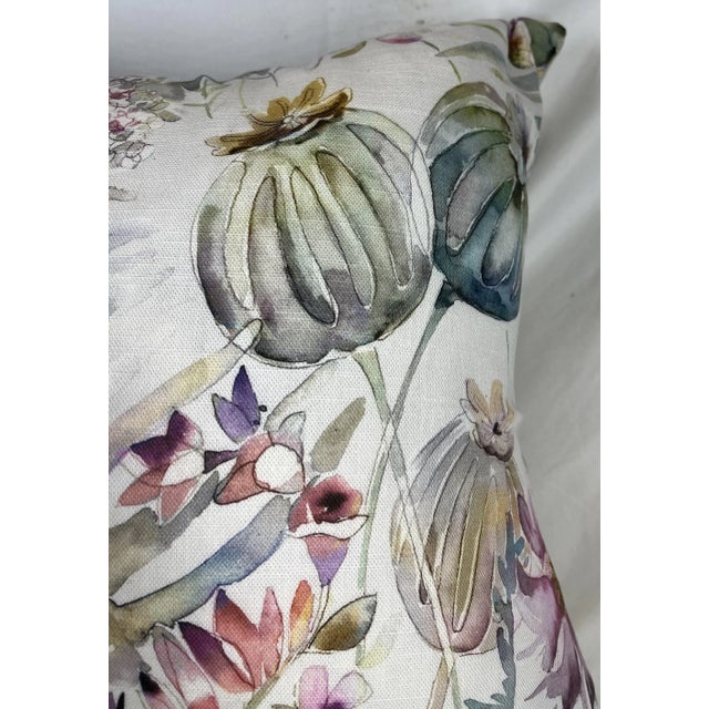 2020s 20" Square Decorative Throw Pillow With a Beautiful Muted Water Color Look Floral Pattern in Blues and Pinks - Made in U K For Sale - Image 5 of 12