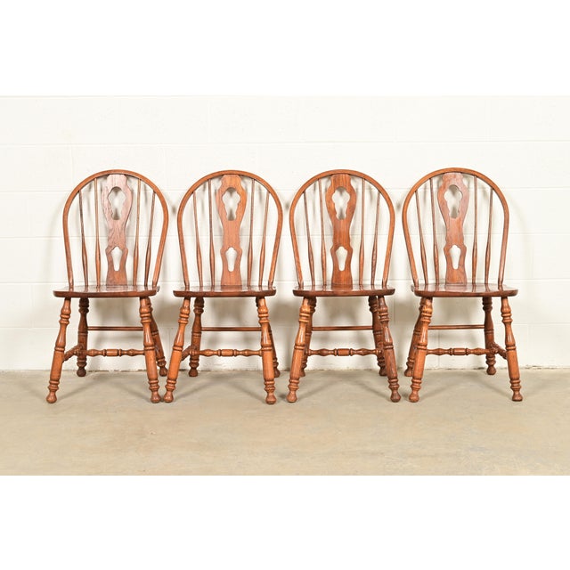 Ethan Allen Style American Colonial Solid Oak Spindle Back Windsor Dining Chairs, Set of Four For Sale - Image 10 of 10
