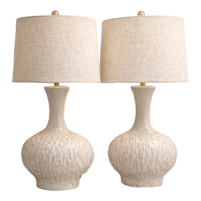 Pair of Cream Glazed Ceramic Table Lamps With Linen Shades For Sale