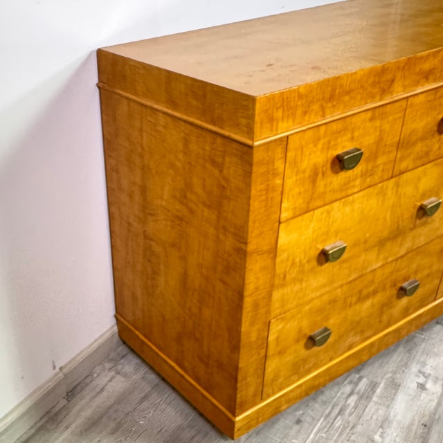 Super rare 11-drawer lowboy from the 80s. Half moon brass pulls and semi circle banding frame this well made piece. A...