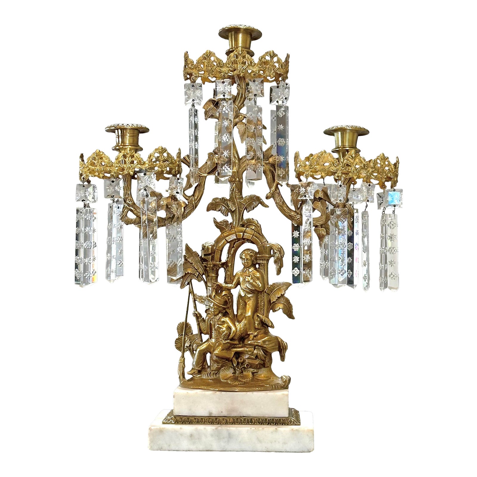 Antique Victorian Brass Girandole Candlestick With Crystal Prisms