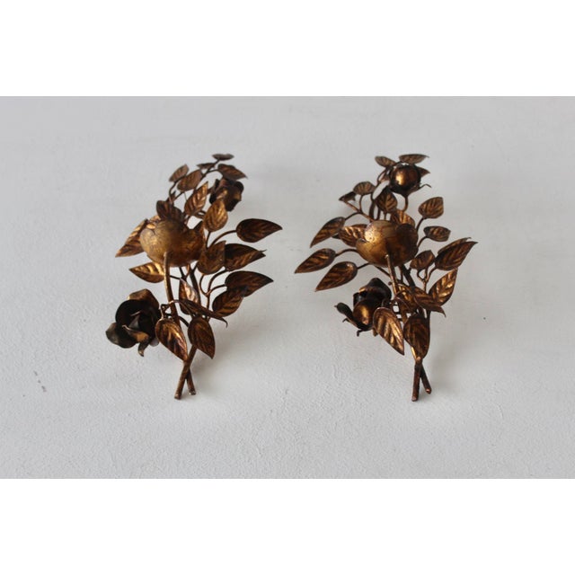 Late 20th Century Hans Kögl Style Gilded Flowers Stems Leaves Wall Mount Candle Holders Sconces - a Pair For Sale - Image 12 of 18