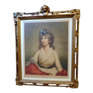 Antique Women Portrait Painting Mezzotint Print Wall Art Hanging Decor Wood Frame For Sale