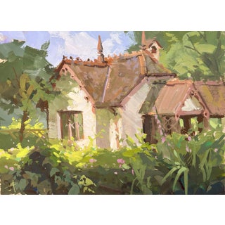 Duck Island Charm by Judd Mercer | Gouache Painting of a cottage surrounded by greenery For Sale