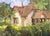 Duck Island Charm by Judd Mercer | Gouache Painting of a cottage surrounded by greenery For Sale