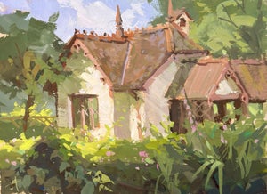 Duck Island Charm by Judd Mercer | Gouache Painting of a cottage surrounded by greenery