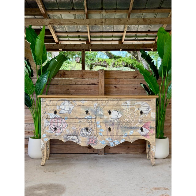 GuildMaster Coastal Hand-Painted Grasscloth Fish Sideboard Credenza For Sale - Image 12 of 12