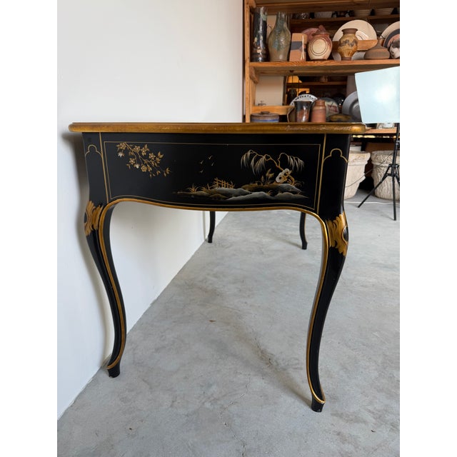 Wood Vintage Baker Furniture Chinoiserie Desk Table With Leather on Top & Brass Handles For Sale - Image 7 of 18