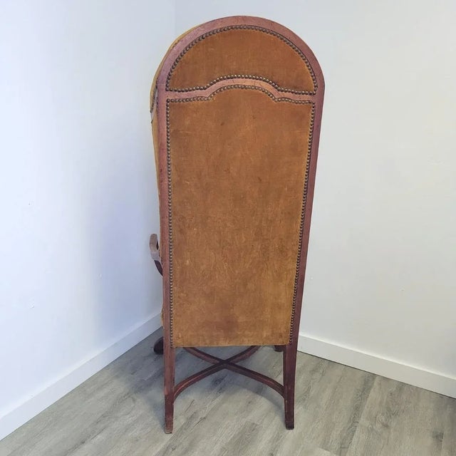 1970s French Revival Porter’s Canopy Chair in Fruitwood and Ochre Velvet For Sale - Image 9 of 11