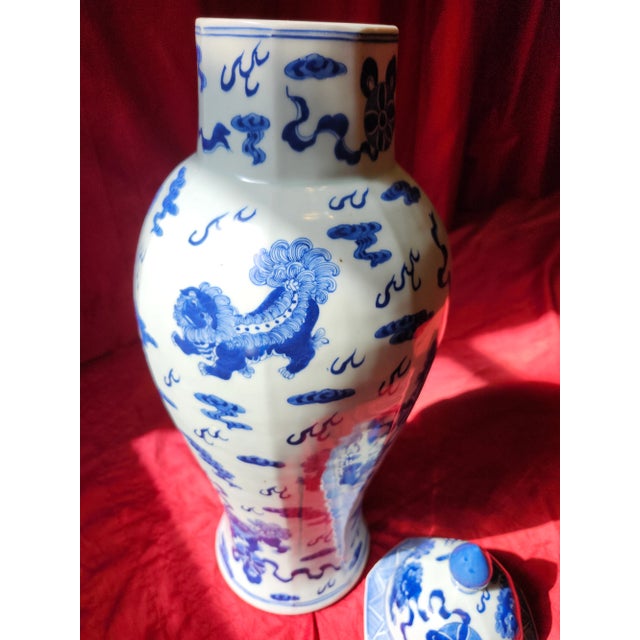 Final Clearance 18th Century 24" Shishi Qilin Blue and White Temple Urn Tribute - 24" For Sale In Las Vegas - Image 6 of 18