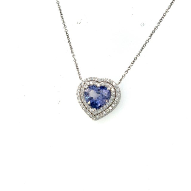 Natural Heart Sapphire Diamond Pendant 18" 14k W Gold 4.13 TCW Certified For Sale - Image 10 of 16