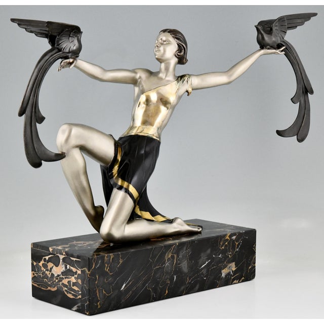 Metal Art Deco Bronze Sculpture of a Lady with Birds of Paradise from G. Daverny, 1930 For Sale - Image 7 of 10