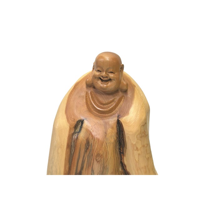 8.5" Chinese Cypress Wood Carved Irregular Shape Happy Buddha Statue For Sale - Image 4 of 5
