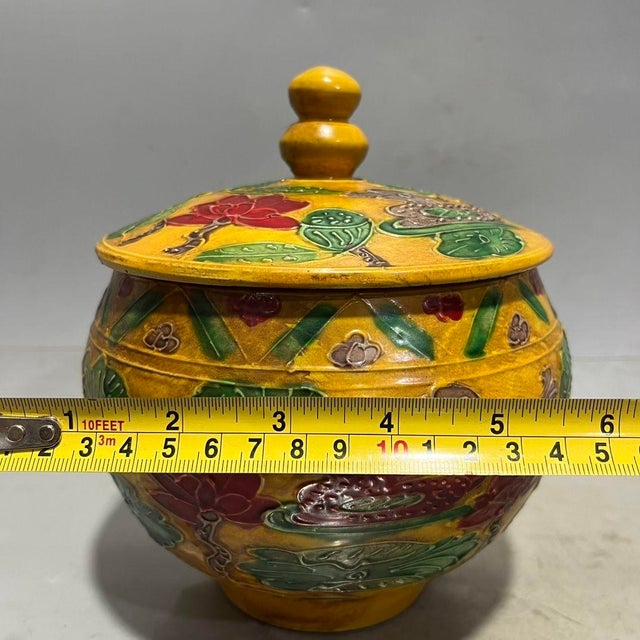 Yellow Ground Raised Enamel Mandarin Duck & Lotus Porcelain Lidded Jar, Chinoiserie Canister For Sale In New York - Image 6 of 8