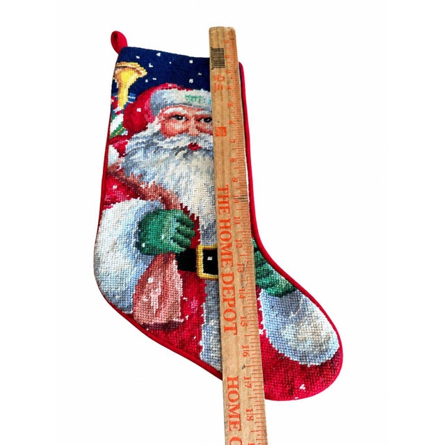Traditional Vintage Handmade Needlepoint Santa Christmas Stocking Red Velvet 17" For Sale - Image 3 of 4