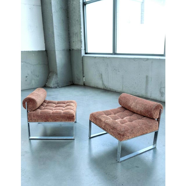 Harvey Probber Pair of Harvey Probber Mid-Century Modern Tufted Slipper Lounge Chairs in Paisley Upholstery and Polished Chrome, Circa 1965 For Sale - Image 4 of 15